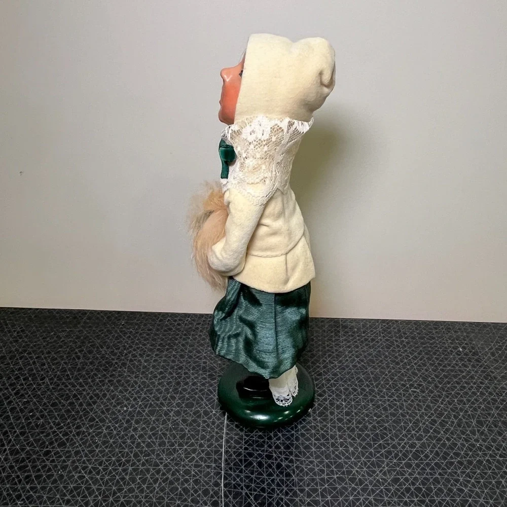 Vtg Choice Byers Carolers Girl, Blue Eyes, White Green Lace Dress, Fur muff, Bow
